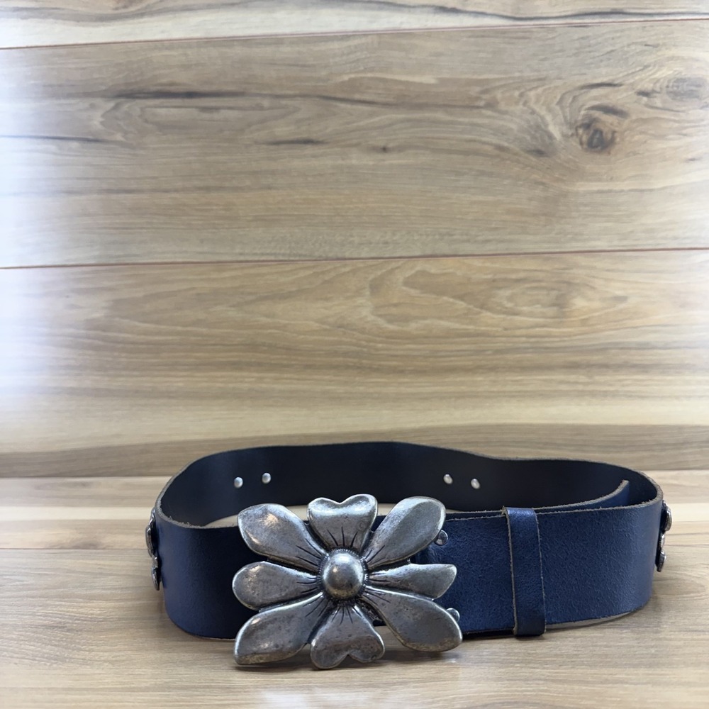 Antoniazzi Firenze Womens Belt Size L Navy Blue Leather Flower Applique